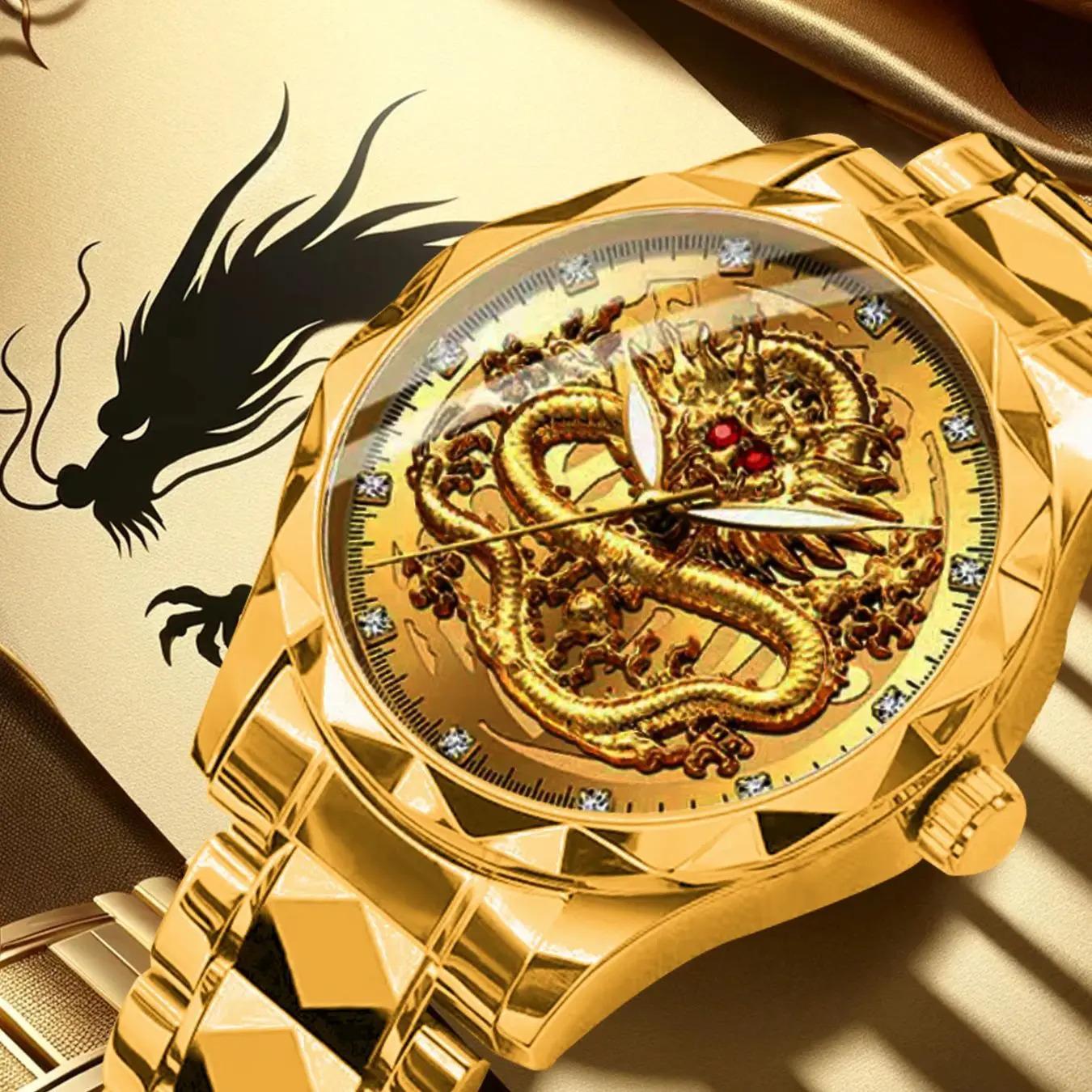 K-1826B New Luxury Golden Dragon Watch Business Men's Quartz Watches Fashion Waterproof Wristwatch Stainless Steel