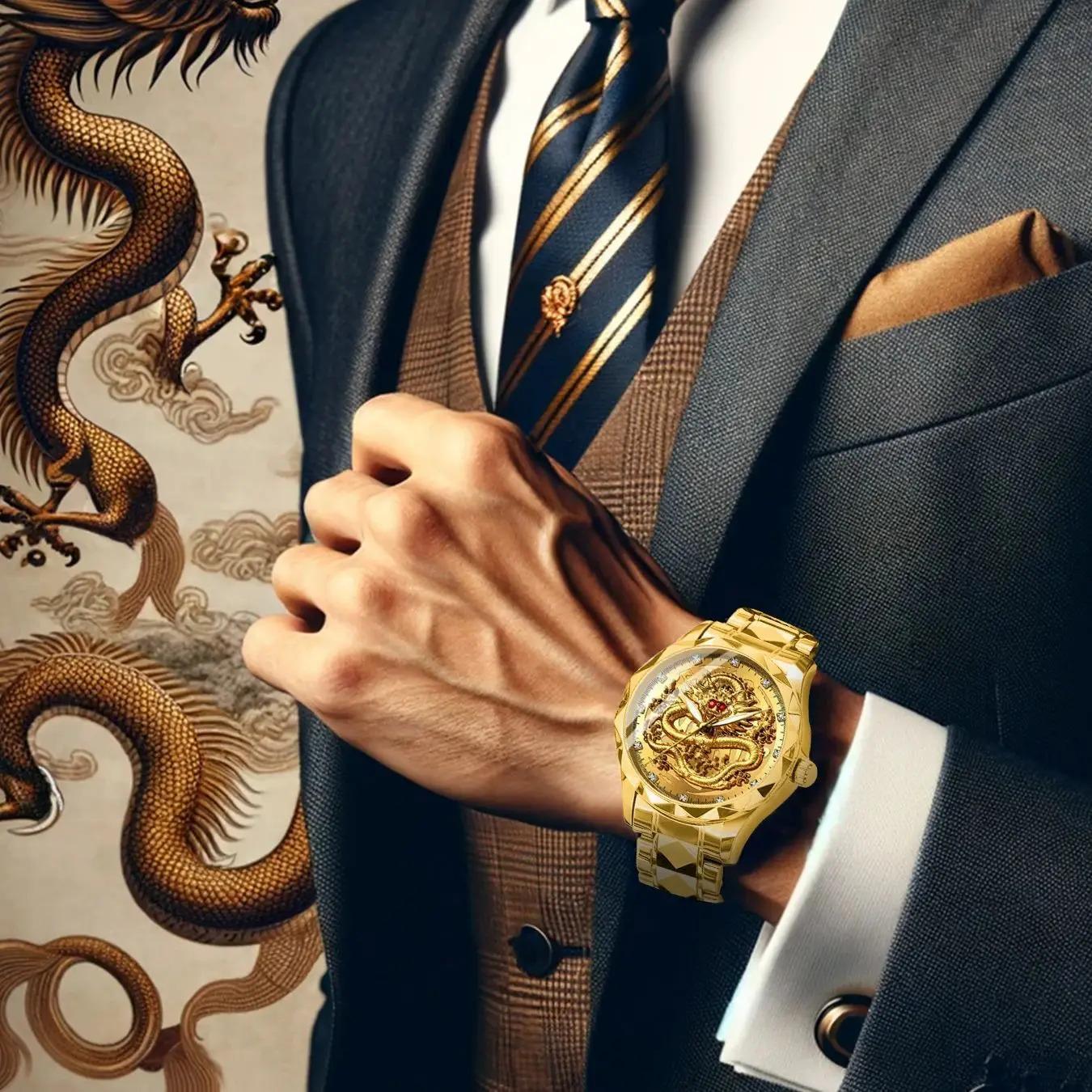 K-1826B New Luxury Golden Dragon Watch Business Men's Quartz Watches Fashion Waterproof Wristwatch Stainless Steel