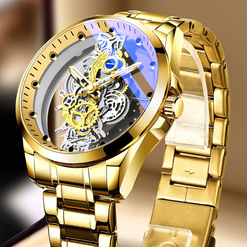 K-1822 Silver Steel Band Hot Fashion Business Double-sided Transparent Hollow Men's Quartz Watch