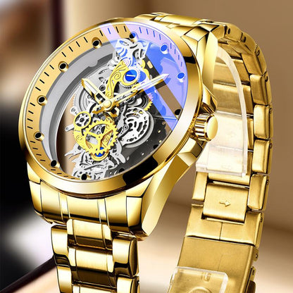 K-1822 Silver Steel Band Hot Fashion Business Double-sided Transparent Hollow Men's Quartz Watch