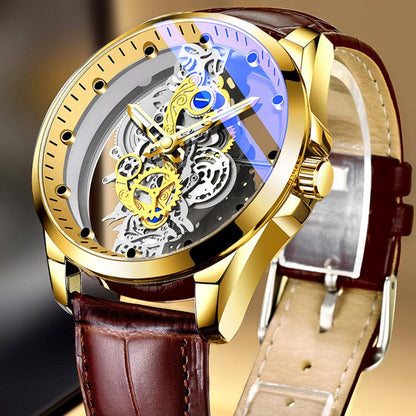 K-1822 Silver Steel Band Hot Fashion Business Double-sided Transparent Hollow Men's Quartz Watch