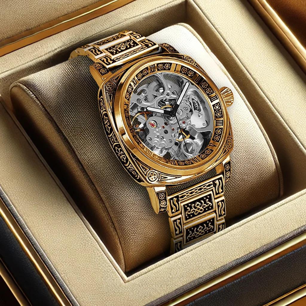 8837 New Luxury Automatic Mechanical Watch Gold Retro Carved Steel Band Men's Watches with Waterproof Luminous Hands