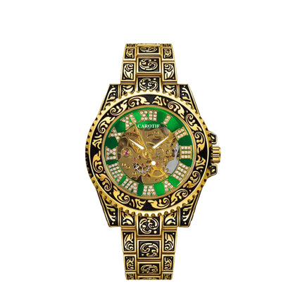 New Men's Fashion Casual Hollow Retro Carved Gold and Blue Fully Automatic Mechanical Watch