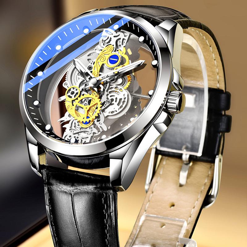 K-1822 Silver Steel Band Hot Fashion Business Double-sided Transparent Hollow Men's Quartz Watch