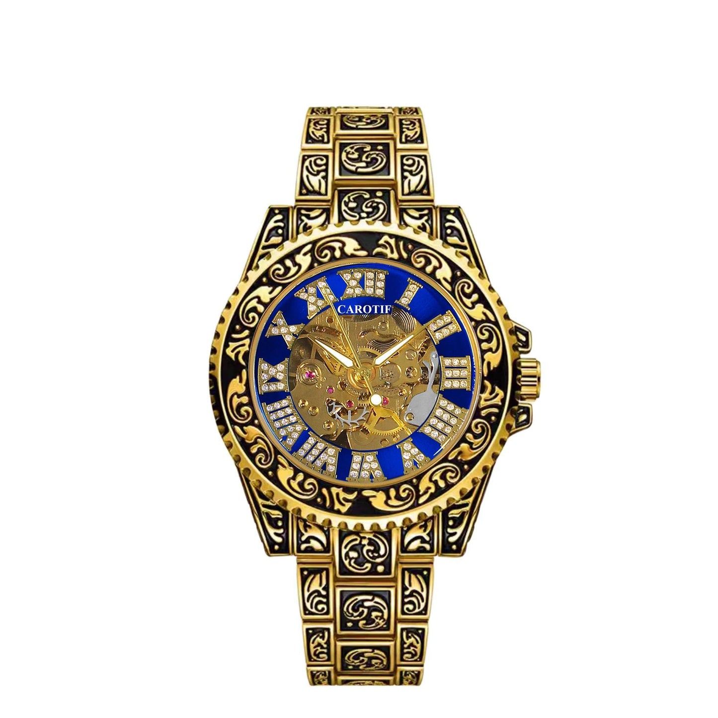 New Men's Fashion Casual Hollow Retro Carved Gold and Blue Fully Automatic Mechanical Watch