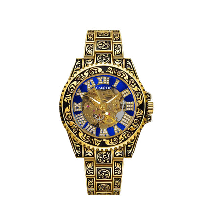 New Men's Fashion Casual Hollow Retro Carved Gold and Blue Fully Automatic Mechanical Watch