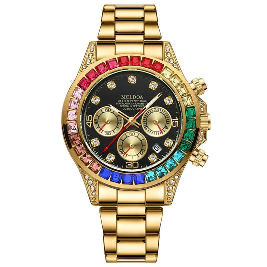 Luxury Gold Steel Band Rainbow Diamond Men's Quartz Watch with Calendar Waterproof Luminous