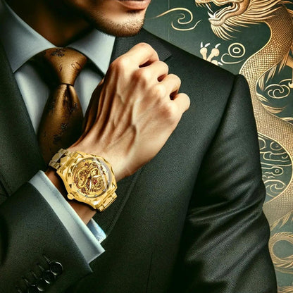 K-1826B New Luxury Golden Dragon Watch Business Men's Quartz Watches Fashion Waterproof Wristwatch Stainless Steel