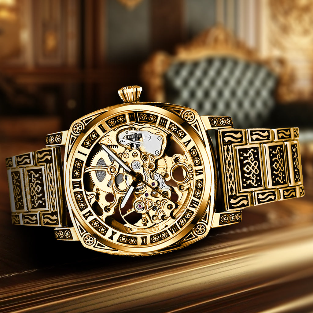 8837 New Luxury Automatic Mechanical Watch Gold Retro Carved Steel Band Men's Watches with Waterproof Luminous Hands