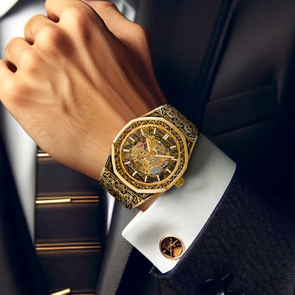 Luxury retro gold engraved pattern fully automatic mechanical watch fashion hollow luminous waterproof men's watch