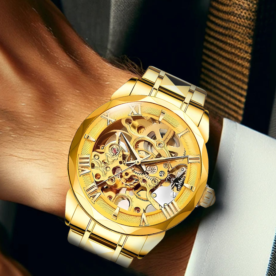 New Fashion Gold Alloy Men's Fully Automatic Mechanical Watch Hollow Waterproof Watch