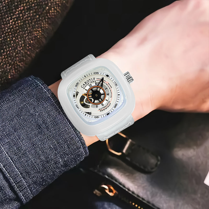 1003 New Men's Fashion White Leather Belt Square Hollow Waterproof Fully Automatic Mechanical Watch