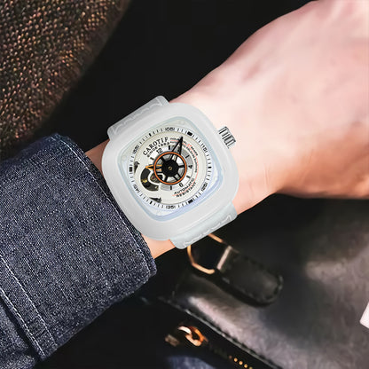 1003 New Men's Fashion White Leather Belt Square Hollow Waterproof Fully Automatic Mechanical Watch