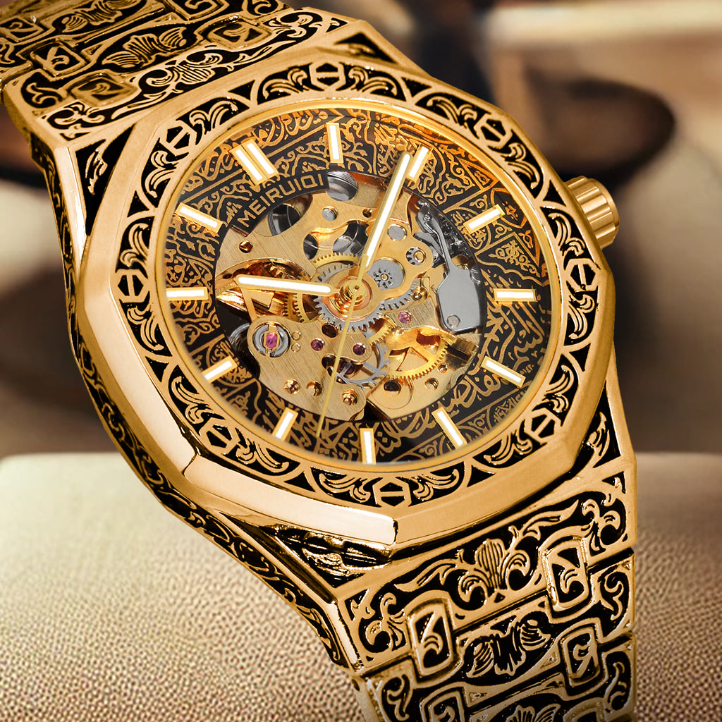 Luxury retro gold engraved pattern fully automatic mechanical watch fashion hollow luminous waterproof men's watch