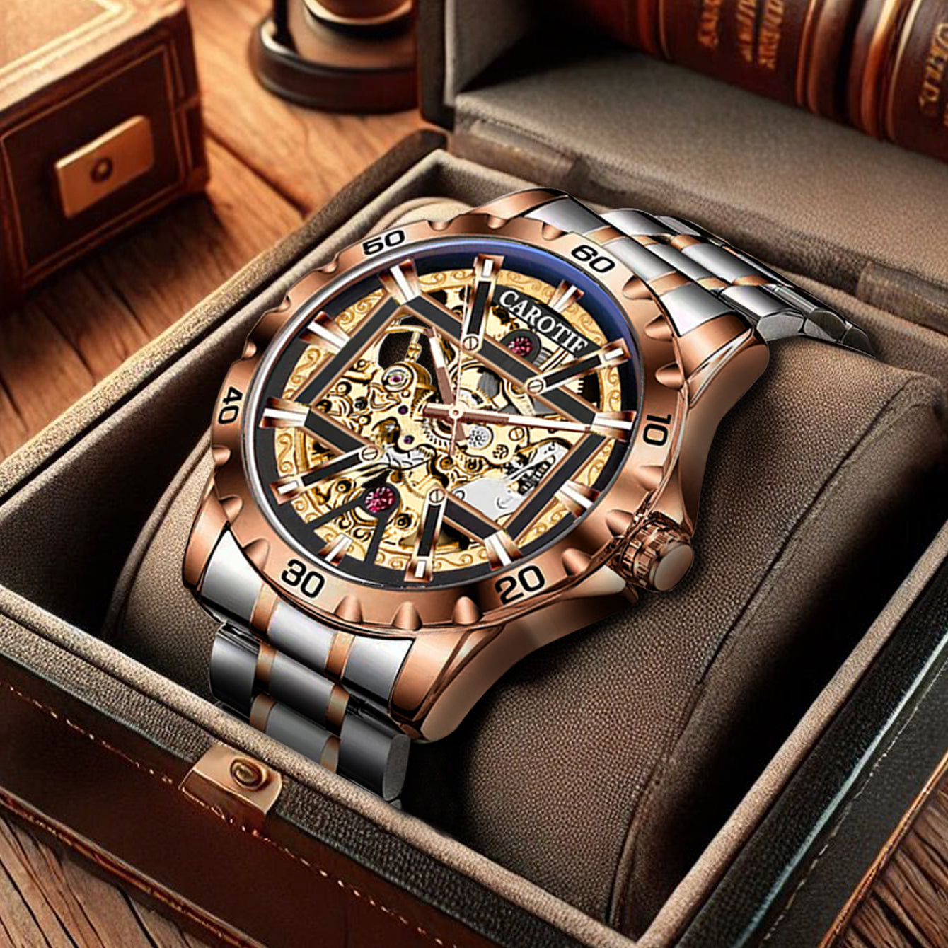 New Men's Rose Gold Carved Pattern Fashion Hollow Fully Automatic Mechanical Watch Luminous Waterproof