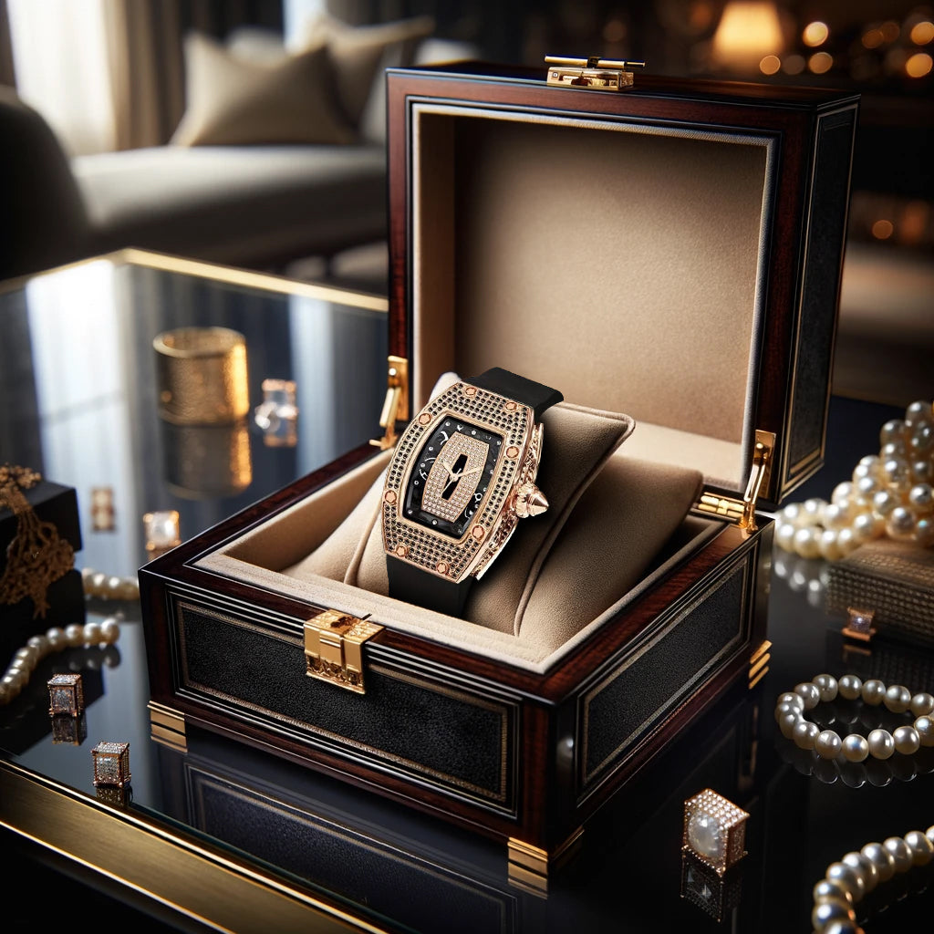 New barrel-shaped diamond-studded fashion luxury women's quartz watch with rose gold alloy case and black silicone strap