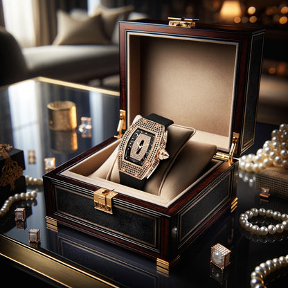 New barrel-shaped diamond-studded fashion luxury women's quartz watch with rose gold alloy case and black silicone strap