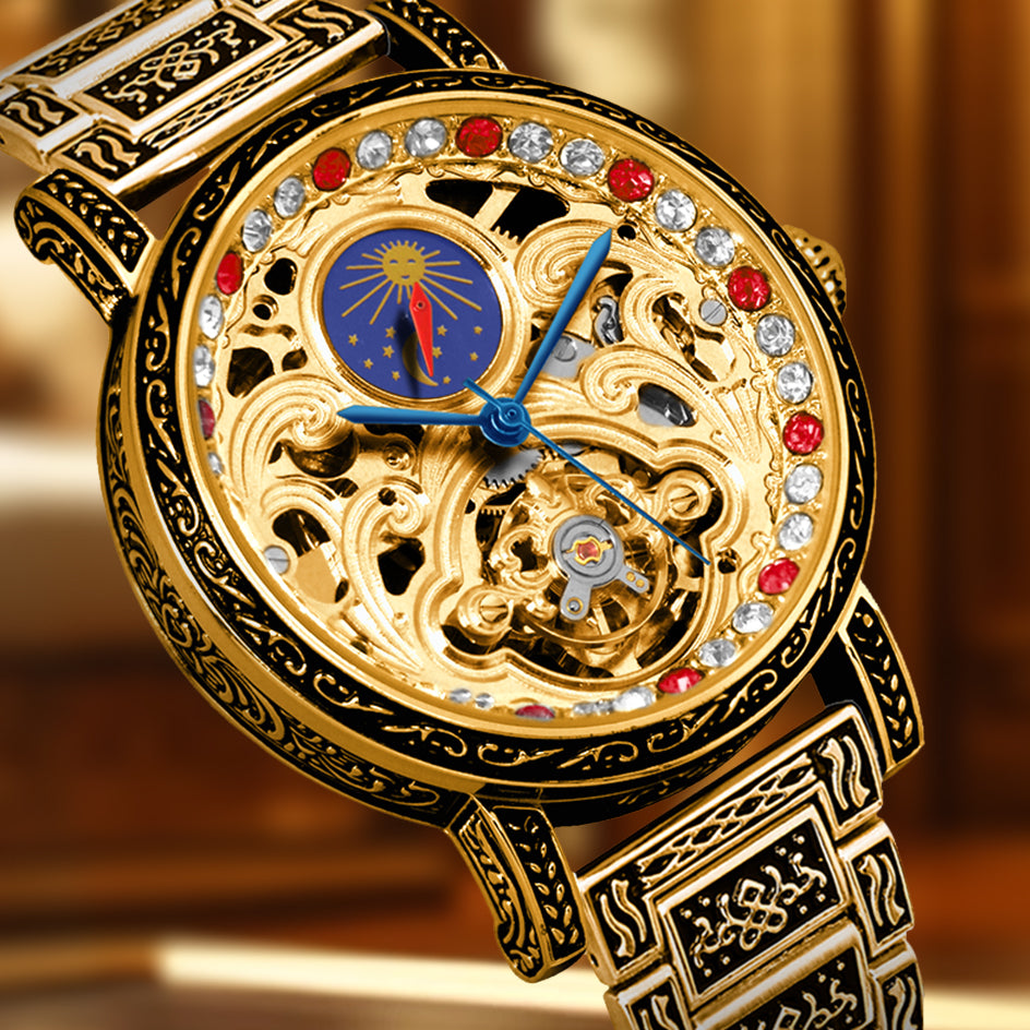 Luxury gold retro carved automatic mechanical watch for men fashion red diamond skeleton dial tourbillon watch