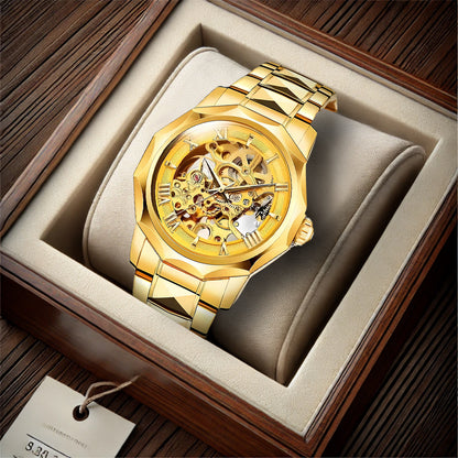 New Fashion Gold Alloy Men's Fully Automatic Mechanical Watch Hollow Waterproof Watch