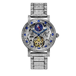 New silver engraved sun and moon phase automatic mechanical watch fashionable men's skeleton watch