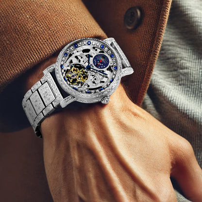 New silver engraved sun and moon phase automatic mechanical watch fashionable men's skeleton watch