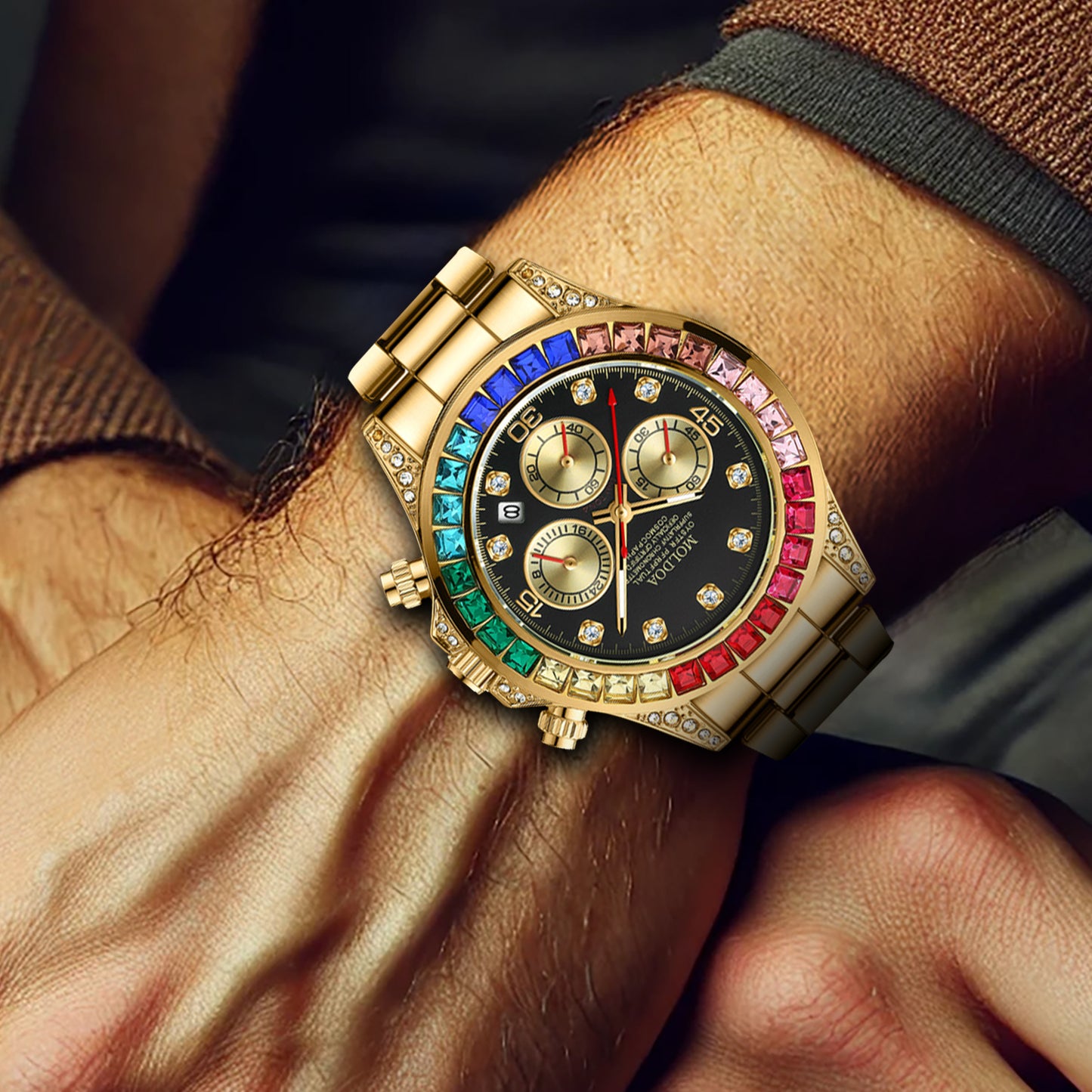 Luxury Gold Steel Band Rainbow Diamond Men's Quartz Watch with Calendar Waterproof Luminous