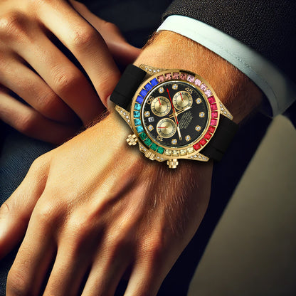 Men's Gold Alloy Rainbow Diamond Fashion Black Silicone Strap Multifunctional Quartz Watch