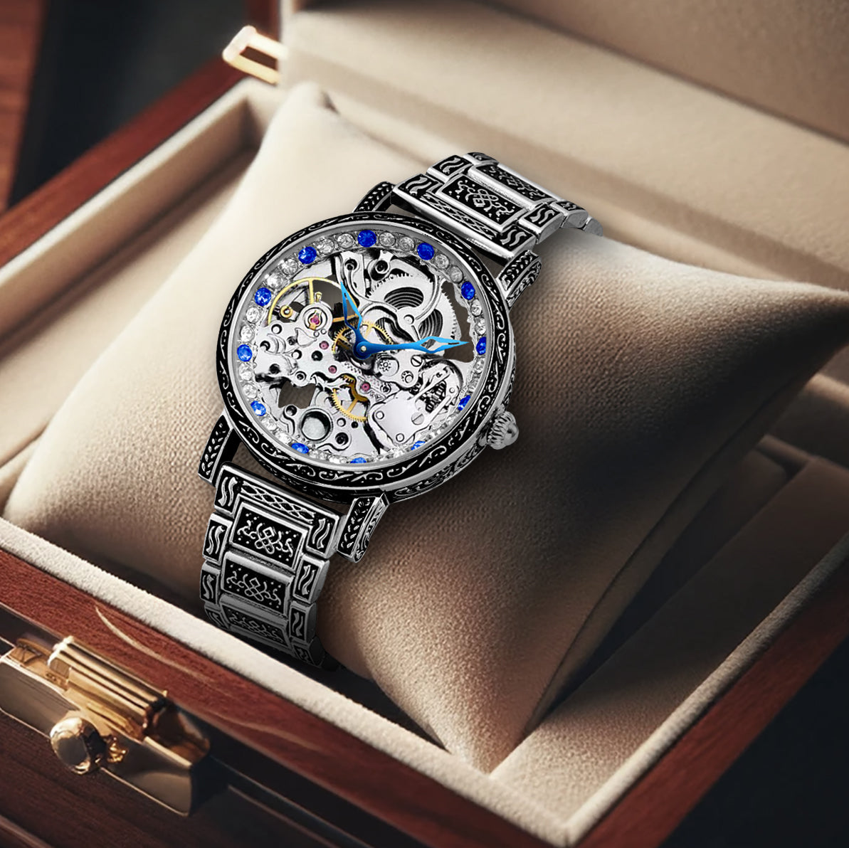 Retro Carving Automatic Mechanical Watch Men's Fashion Diamond Hollow Stainless Steel Waterproof Watch