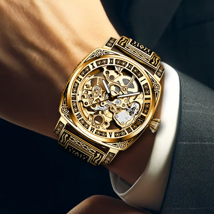 8837 New Luxury Automatic Mechanical Watch Gold Retro Carved Steel Band Men's Watches with Waterproof Luminous Hands