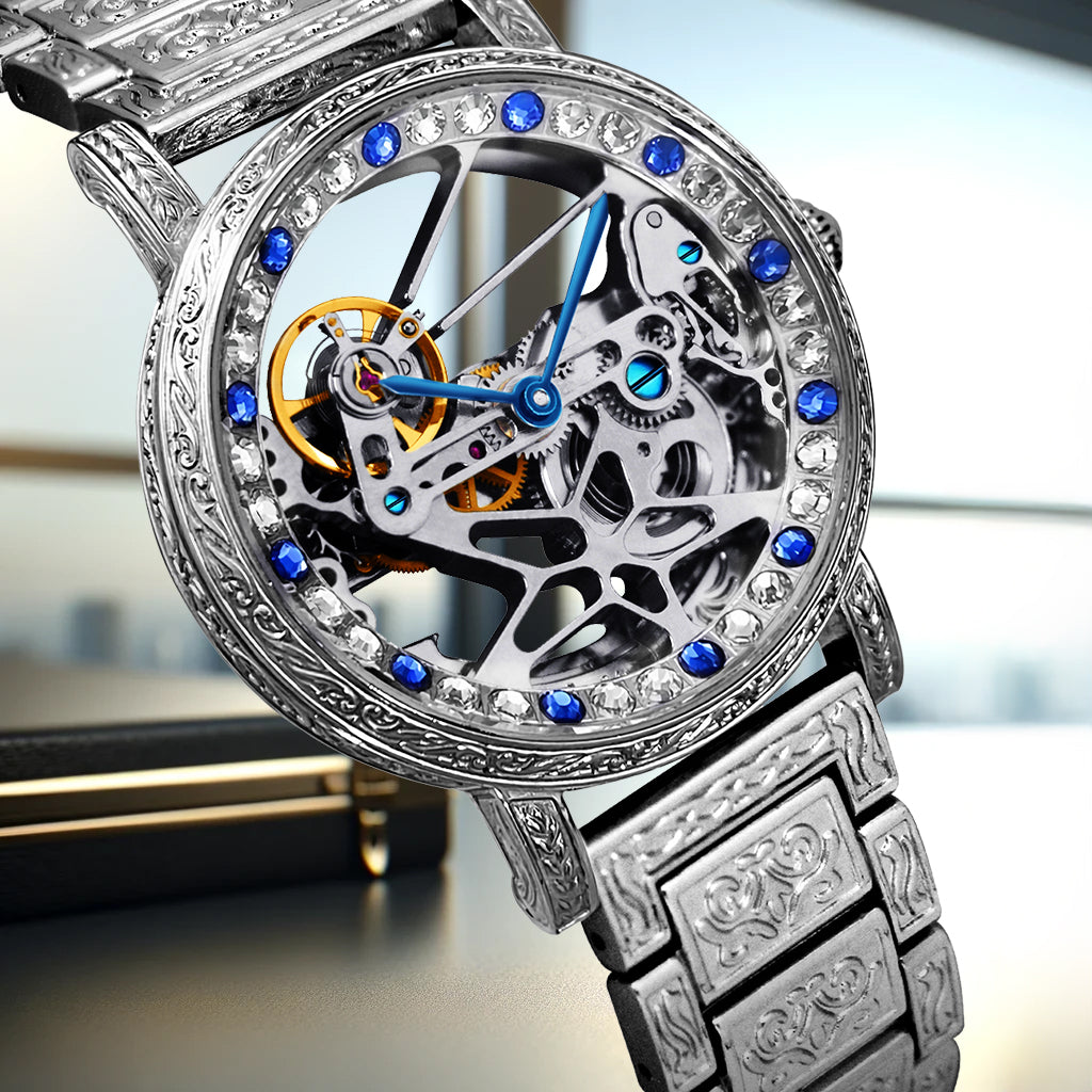 8625 New Luxury Men's Silver Stainless Steel Strap Carved Diamond Skeleton Fully Automatic Mechanical Watch