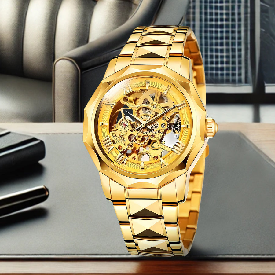 New Fashion Gold Alloy Men's Fully Automatic Mechanical Watch Hollow Waterproof Watch