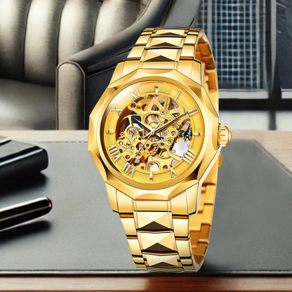 New Fashion Gold Alloy Men's Fully Automatic Mechanical Watch Hollow Waterproof Watch