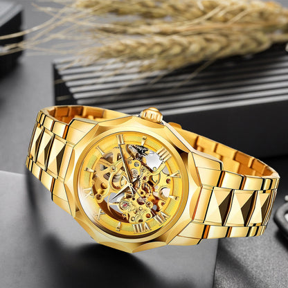 New Fashion Gold Alloy Men's Fully Automatic Mechanical Watch Hollow Waterproof Watch