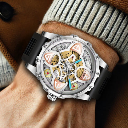 F-4 New Men's Fashion Clover Black Skeleton Mechanical Watch Glass Silicone Stainless Steel Tourbillon Watch Round Buckle
