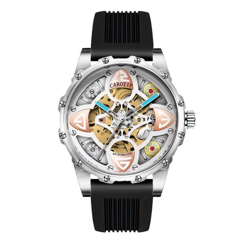F-4 New Men's Fashion Clover Black Skeleton Mechanical Watch Glass Silicone Stainless Steel Tourbillon Watch Round Buckle