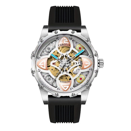 F-4 New Men's Fashion Clover Black Skeleton Mechanical Watch Glass Silicone Stainless Steel Tourbillon Watch Round Buckle