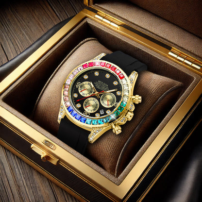 Men's Gold Alloy Rainbow Diamond Fashion Black Silicone Strap Multifunctional Quartz Watch