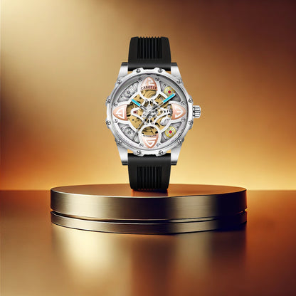F-4 New Men's Fashion Clover Black Skeleton Mechanical Watch Glass Silicone Stainless Steel Tourbillon Watch Round Buckle