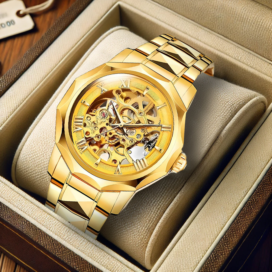 New Fashion Gold Alloy Men's Fully Automatic Mechanical Watch Hollow Waterproof Watch