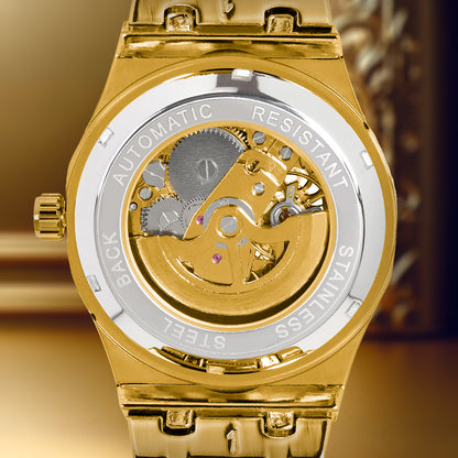 CAROTIF men's automatic mechanical watches gold retro carved watch luxury waterproof luminous wrist watch with steel band