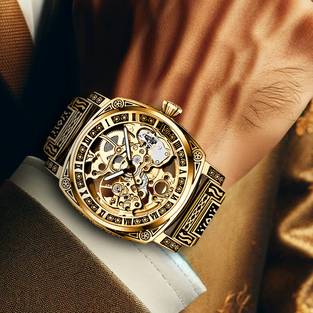 8837 New Luxury Automatic Mechanical Watch Gold Retro Carved Steel Band Men's Watches with Waterproof Luminous Hands
