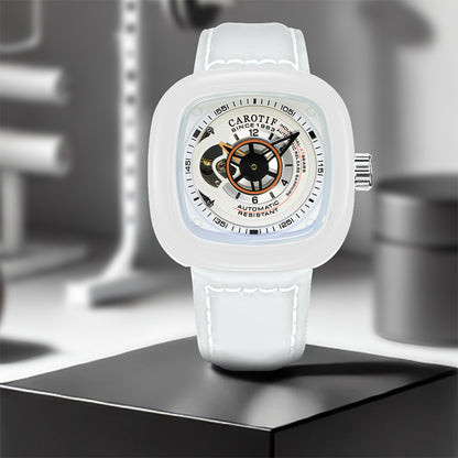 1003 New Men's Fashion White Leather Belt Square Hollow Waterproof Fully Automatic Mechanical Watch