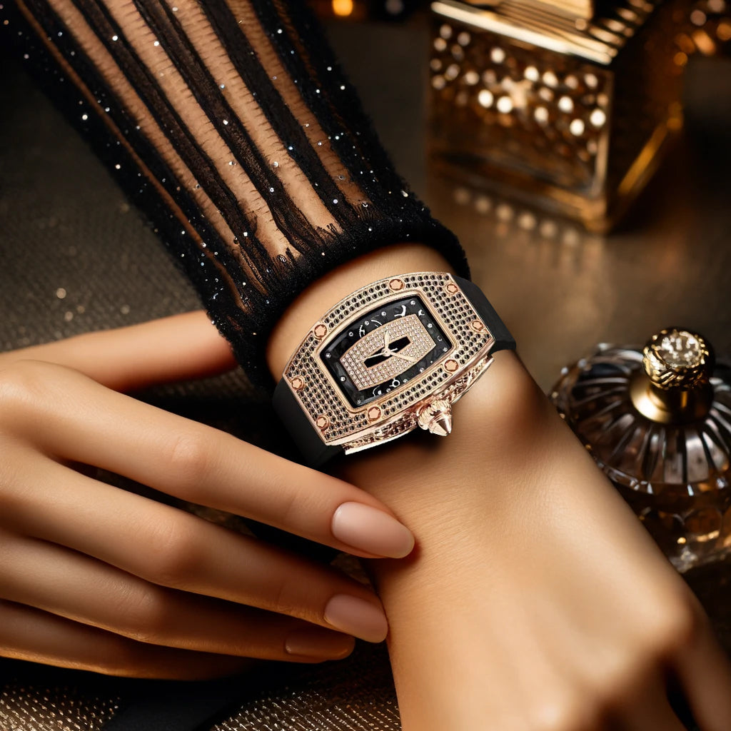 New barrel-shaped diamond-studded fashion luxury women's quartz watch with rose gold alloy case and black silicone strap