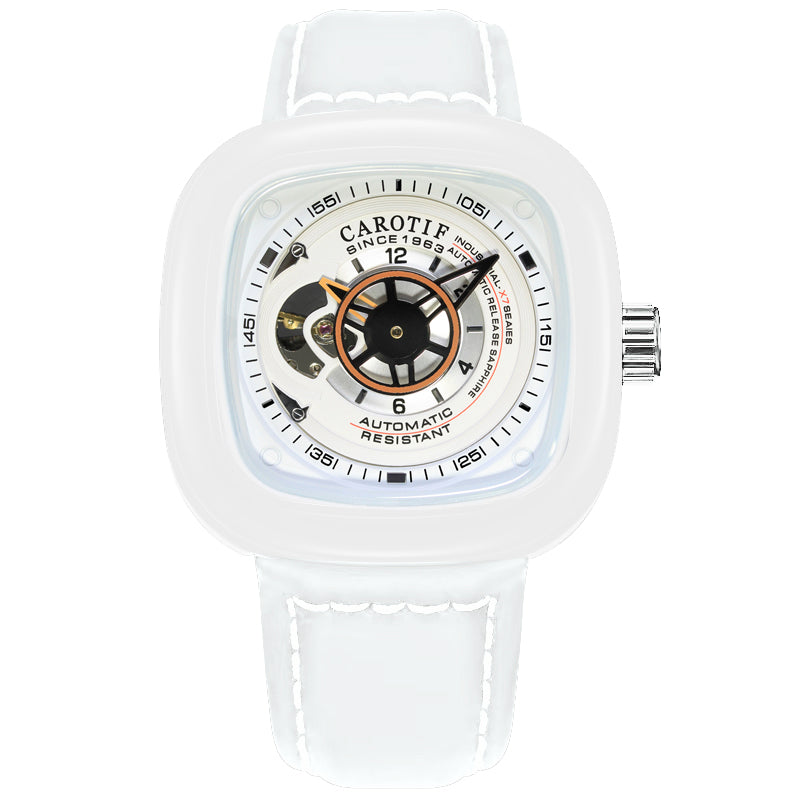 1003 New Men's Fashion White Leather Belt Square Hollow Waterproof Fully Automatic Mechanical Watch