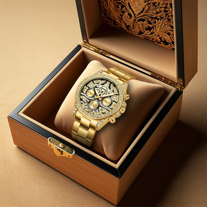 New luxury men's watch steel strap Fashion business gold tiger diamond multi-functional quartz watch