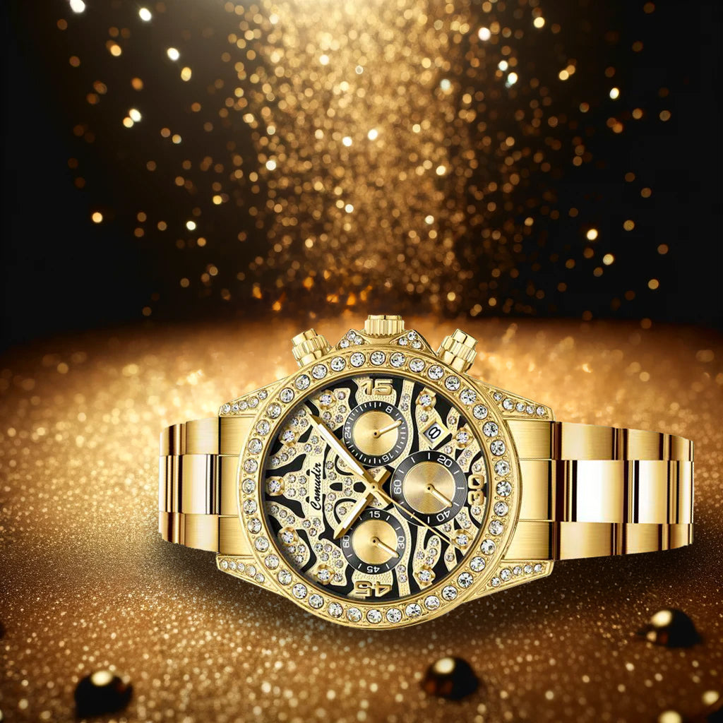 New luxury men's watch steel strap Fashion business gold tiger diamond multi-functional quartz watch
