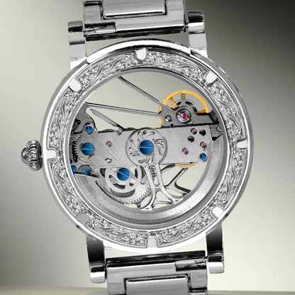 8625 New Luxury Men's Silver Stainless Steel Strap Carved Diamond Skeleton Fully Automatic Mechanical Watch