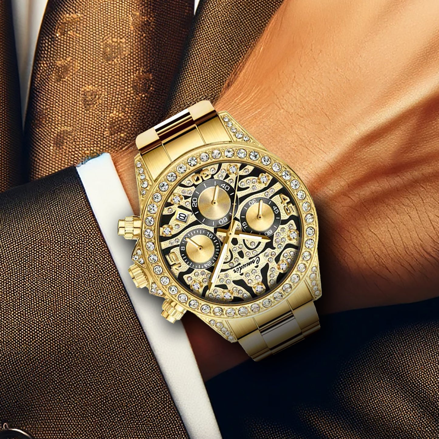 New luxury men's watch steel strap Fashion business gold tiger diamond multi-functional quartz watch