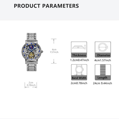 New silver engraved sun and moon phase automatic mechanical watch fashionable men's skeleton watch