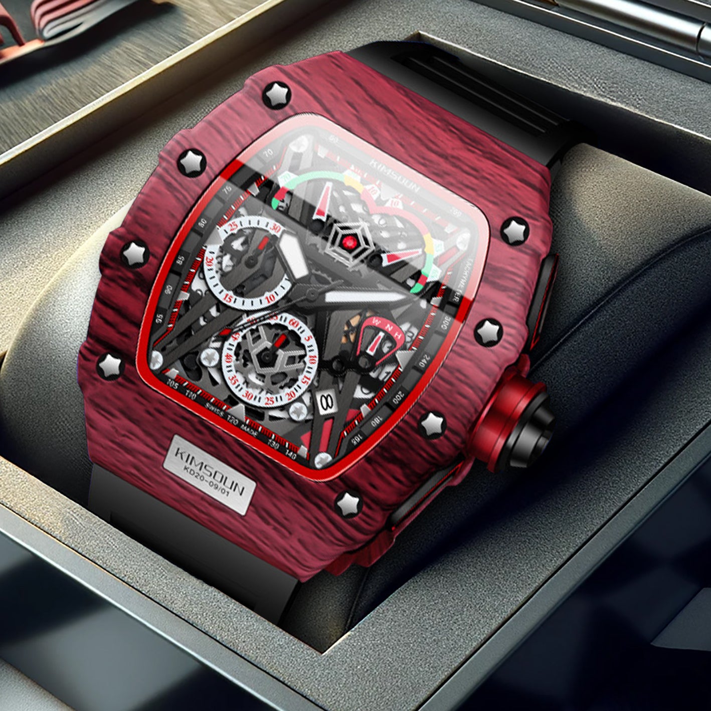 K-2013B Popular Multifunctional Barrel Shape Fashion Sports Watch Men's Calendar Quartz Watch Red Shell Black Belt